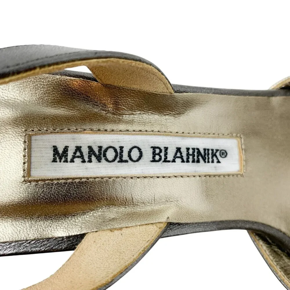 Manolo Blahnik Budingasling Bronze Metallic Knot Slingbacks 37